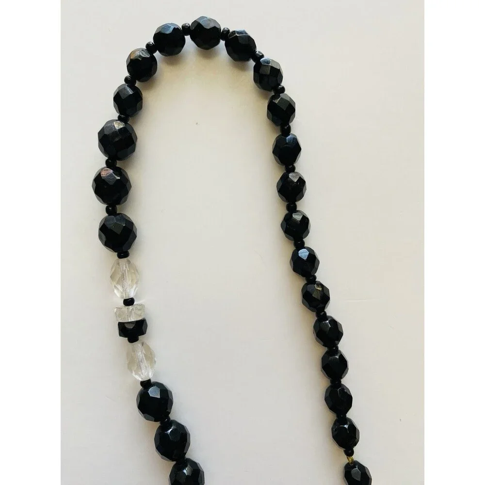 VTG  Estate French Jet & Cut Glass Bead Necklace 30 Inch Black & Clear Faceted